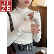 JEZE純色半高領(lǐng)打底衫內(nèi)搭女秋冬感毛衣2024新款中領(lǐng)長袖針織上衣 白色 M 【建議90-100斤】