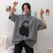 春新款短袖T恤女高領(lǐng)寬松原宿港風(fēng)韓版學(xué)生ins打底衫上衣 灰色 【收藏店鋪優(yōu)先發(fā)貨】 L