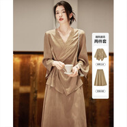 德瑪納國風(fēng)新中式交叉綁帶上衣后橡筋不對稱(chēng)A擺半裙套裝 香檳色 S 
