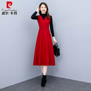 皮爾卡丹兩件裝裝背帶連衣裙2023新款秋冬女裝氣質(zhì)毛呢早秋季穿搭背心裙子 大紅 2XL