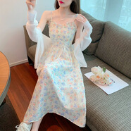 舒芳蝶（shufangdie）連衣裙套裝女夏2025法式甜美小清新仙氣仙森系開衫碎花吊帶裙子女 678藍(lán)色吊帶+白色開衫 M
