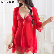 MOXTOC性感睡衣女士蕾絲兩件套網(wǎng)紗吊帶睡裙純欲家居服 紅色 M （94-108斤)