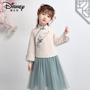 迪士尼女童改良漢服春秋襦裙唐裝中國古裝仙女寶寶民族服兒童演出服復古 杏色富貴鳥(niǎo)套裝 100