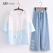 ADVSUS官方品質(zhì)少女休閑運(yùn)動(dòng)套裝新款夏季初中高中學(xué)生寬松短袖牛仔褲 藍(lán)色短袖+闊腿褲 XL 110-135斤