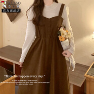 啄木鳥(niǎo)微胖女孩大碼秋冬季赫本風(fēng)長(cháng)袖假兩件燈芯絨背帶連衣裙子遮肚顯瘦 咖色 M 建議100斤以?xún)?
                                         title=