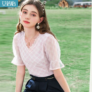 艾蓓怡2024夏季新款v領(lǐng)短袖蕾絲衫女花邊拼接格子上衣洋氣質(zhì)小衫超仙女 櫻花粉色 M