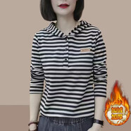 尚濤衛衣女春秋女裝新款時(shí)尚連帽條紋長(cháng)袖t恤寬松休閑短款上衣打底衫 加絨黑白條紋 2XL 建議120-130斤