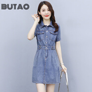 BUTAO女裝小個子牛仔連衣裙夏季新款翻領(lǐng)收腰顯瘦休閑百搭氣質(zhì)裙子 牛仔藍(lán)【夏款】 L