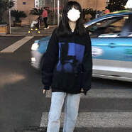 嬌茹妮 高街連帽衛(wèi)衣女裝春秋薄款ins韓版外套寬松韓版ins潮學生慵懶風薄款上衣外套連帽衫 黑色（普通薄款） L