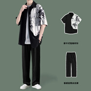 RLZN胖子大碼印花短袖花襯衫男夏季外套潮牌冰絲寬松海邊度假半袖襯衣 CD2292水墨畫+冰絲褲 3XL165-185斤