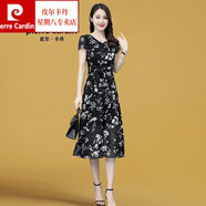 皮爾卡丹官方高檔女裝溫柔風(fēng)連衣裙2022年新款女裝夏季中長款40歲中年氣質(zhì)印花短袖雪紡顯瘦洋氣裙針織 黑色 170/XL