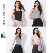 初棉醋酸棉方領(lǐng)背心女夏季基礎(chǔ)條紋短款打底吊帶修身顯瘦 寬肩帶 黑白條紋-短款 S