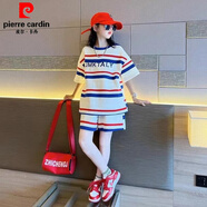 皮爾卡丹（pierre cardin）女童運動(dòng)套裝夏季2025新款兒童洋氣夏裝女大童短袖短褲休閑兩件套 條紋套裝 150cm