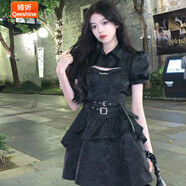 婍妡（Qeeshine）搖滾甜心芭蕾風(fēng)公主黑色吊帶裙小個(gè)子連衣裙甜辣坎肩小黑裙套裝 黑色套裝 吊帶裙+坎肩 原版質(zhì)量 S 80斤-95斤