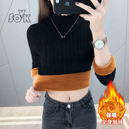 SOVK加絨加厚紅色毛衣女秋冬季新款保暖長(zhǎng)袖半高領(lǐng)修身針織打底衫 黑色加絨加厚 M 建議90-100斤