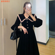 藏顏新款名媛法式打底長(cháng)裙紅色新衣服本命圣誕節連衣裙子女秋冬季 9264 %23黑色 L 建議100-110斤