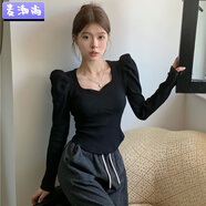 麥潮尚針織衫女毛衣法式小眾V領(lǐng)泡泡袖女秋冬修身顯瘦甜美無袖上衣 黑色 M