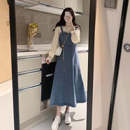 賢語(yǔ)K小姐女裝自制春秋弧形邊吊帶裙系帶收腰修身顯高氣質(zhì)牛仔背帶裙 深牛仔藍色 S