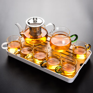瓷牌茗茶具（cipaiming teaset） 透明玻璃茶具整套套裝家用功夫茶壺茶杯會(huì)客泡茶器 透明八駿6彩杯+綠柄公杯+小長方