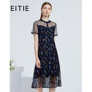 愛(ài)特愛(ài)（EITIE）夏季新品商場(chǎng)同款顯瘦高腰網(wǎng)紗拼接植物印花短袖連衣裙女6607316 深藍31 M 160