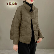 子牧棉麻冬裝 女純色刺繡棉服外套寬松休閑百搭輕薄保暖棉衣1997 深卡色 L(建議110-120斤)