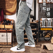 輕奢提花牛仔褲高級感青年潮牌男裝春秋季寬松型滿(mǎn)印直筒闊腿褲子 藍色 0062 L 建議131-145斤