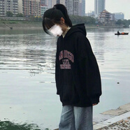 LIN-HUA BU女大童衛(wèi)衣12-15歲初高中生美式復(fù)古連帽上衣小女孩衣服中童女裝 黑色加絨加厚 160 (建議身高145-155cm左右)