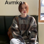 潮牌Avmko毛衣新款秋冬套頭網(wǎng)紅格子針織衫慵懶風馬海毛彩虹毛衣女寬松顯瘦外穿外套 灰杏色 M