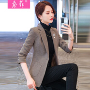 秦菲 復(fù)古粗花呢子西裝外套女2021年秋冬新款韓版修身短款設(shè)計感西服 單件棕色西裝 S
