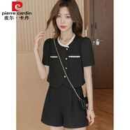 皮爾卡丹（pierre cardin）設計感小香風(fēng)上衣高腰短褲兩件套套裝女2024夏季新款顯瘦時(shí)尚氣質(zhì) 黑色 L建議100-115斤