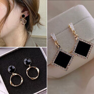 MHFDO老鳳凰品質(zhì)釘女純銀方圓臉適合的耳環(huán)顯瘦感港風(fēng)法式復古今年流行 設計感黑色圓圈+方塊滴油耳釘