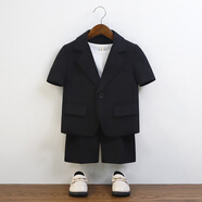 溫格奧新款兒童禮服夏季套裝男童西裝休閑韓版帥氣王子服表演服演出服 黑色外套，T恤，短褲，項鏈 130cm建議體重45-54斤