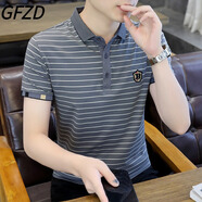 GFZD輕奢高端男裝夏季條紋翻領(lǐng)短袖T恤男商務(wù)棉POLO領(lǐng)刺繡體恤衫上衣 【翻領(lǐng)】灰色（注意是灰色的） L 建議105-125斤可穿