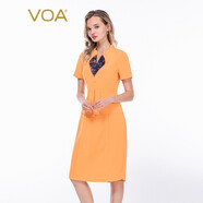 VOA36姆米蠶絲重磅立領(lǐng)提花拼接短袖收腰假兩件職業(yè)裝連衣裙 A82 流光橙黃（C54） L