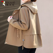 啄木鳥(niǎo)媽媽裝春秋外套洋氣風(fēng)衣2024新款款中老年女裝春秋裝大碼連帽上衣 卡其色 XL (推薦102斤以下)