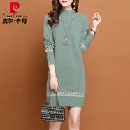皮爾卡丹羊毛衫連衣裙女秋冬中長(cháng)款半高領(lǐng)加絨毛衣裙寬松加厚洋氣打底衫 綠色 L 110-115斤左右