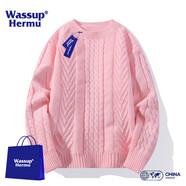 WASSUP HERMU潮牌聯(lián)名純色毛衣男女春秋季圓領(lǐng)打底針織衫保暖寬松情侶大碼上衣 18粉色 M（推薦90-110斤）