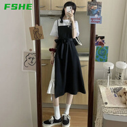 FSHE背帶裙子少女夏裝2025年新款初中高中學(xué)生甜美長裙吊帶連衣裙套裝 白色T恤+拼接吊帶[兩] XL