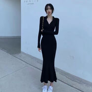 NASALIKE法式復古風包臀魚尾polo領(lǐng)小黑裙夏季赫本風氣質(zhì)長袖后媽連衣裙子 黑 色 M（80-95斤）