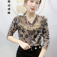 【新品女裝】打底衫女內(nèi)搭修身上衣百搭長袖t恤秋冬加絨長袖打底衫女立瓴顯瘦上衣中年時尚保暖修身T恤 V瓴燙鉆豹紋【薄款】 XL 建議105斤之內(nèi)
