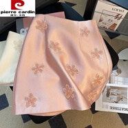 皮爾卡丹（pierre cardin）chao重工可遇不可求刺繡釘珠花朵防走光A字包臀裙顯瘦半身裙女 粉色  L
