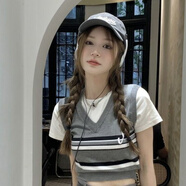junfangya學(xué)院風(fēng)減齡套裝女夏季V領(lǐng)條紋假兩件拼接上衣休閑西裝短裙兩件套 灰色上衣 單件 S 80-90斤