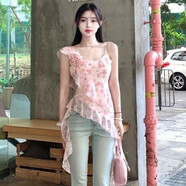 唐曉笙欲風(fēng)感氣質(zhì)不規則荷葉邊辣妹碎花吊帶上衣女春夏季2024新款 粉色 均碼