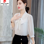 皮爾卡丹新款波點(diǎn)印花蝴蝶結系帶襯衫2026夏洋氣打底女式甜美顯瘦上衣 白底小波點(diǎn) 2XL 建議115-125斤