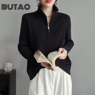 BUTAO立領(lǐng)針織衫女春秋新款半拉鏈內(nèi)搭毛衣純色簡約寬松外套 黑色 L 【建議110-120斤】