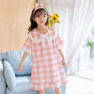 喜茸兒童睡裙短袖卡通純色棉2-14歲小孩子穿的夏季中大童小女孩家居服親子可外穿公主裙 hh短裙翻粉格子 發(fā)帶 18碼身高135-145【75斤內