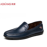 奧康（Aokang）男鞋冬季加絨保暖真皮休閑一腳蹬鞋男 藍(lán)色185039038 38