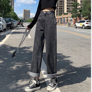 羋虹緣黑色牛仔褲女直筒寬松春秋季2021年網(wǎng)紅Chic闊腿高腰顯瘦煙管褲子 604黑灰 M 92-105斤