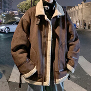 魄克麂皮絨棉服男冬季美式復(fù)古潮牌機(jī)車服棉衣加絨加厚保暖羊羔毛外套 XZ218-7-M102深棕色 2XL 150-165斤