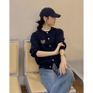 樂(lè)雅秀英倫學(xué)院風(fēng)針織衫女士春夏短款寬松上衣刺繡徽章開(kāi)衫毛衣外套 藏青色 L